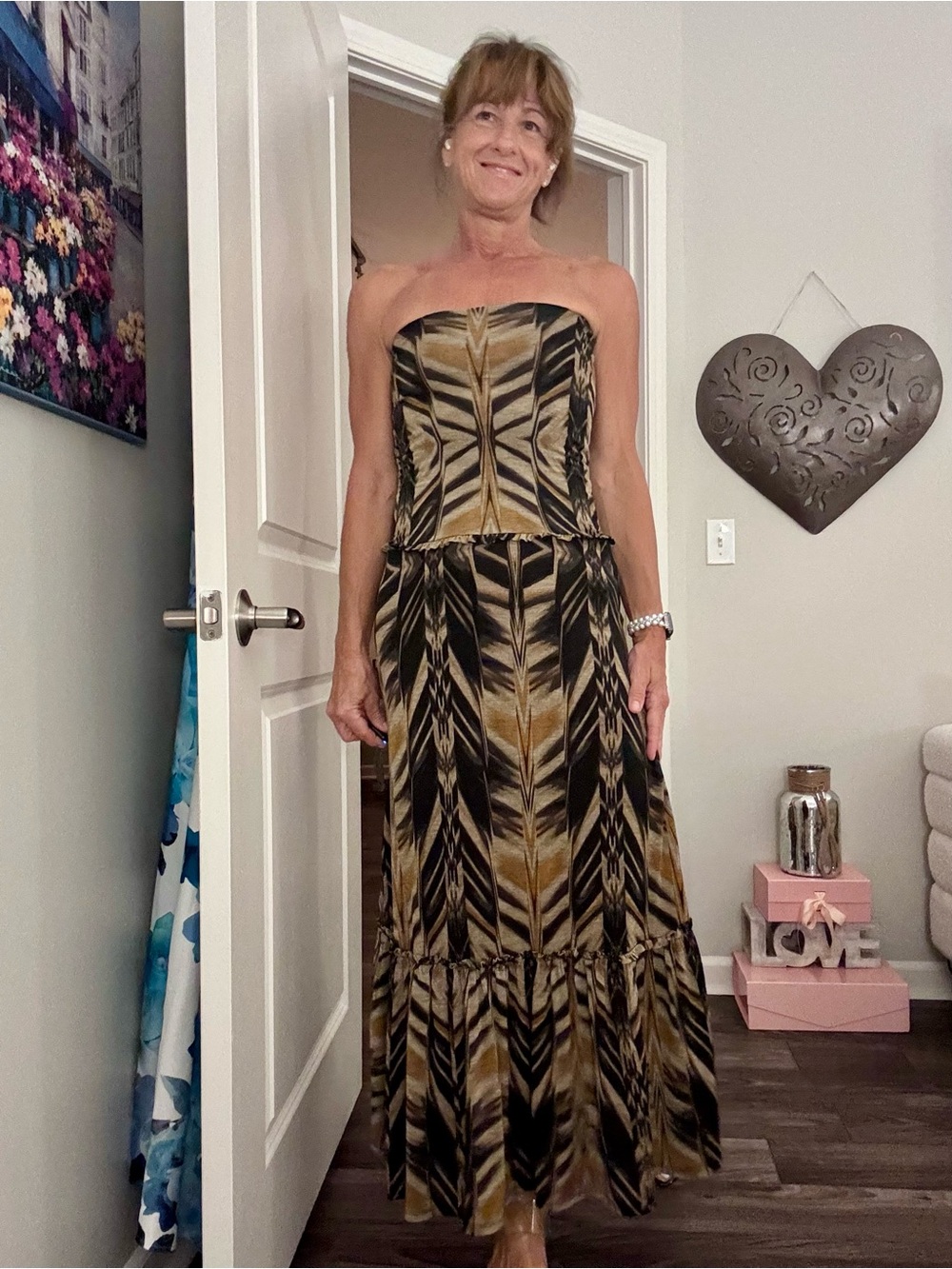 Bisou Bisou Strapless Maxi Dress in Black and Gold Zebra Print